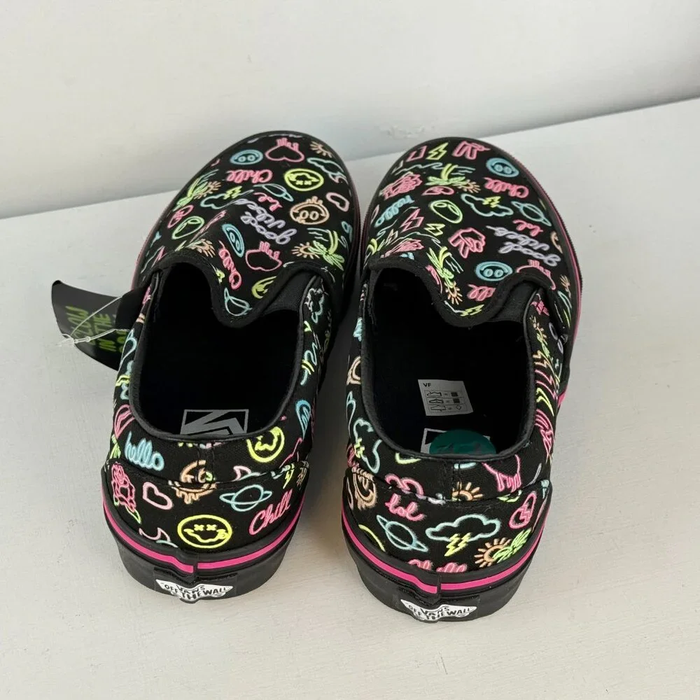 M6 W7.5- Vans Slip-On Glow In The Dark Black Neon Lights Emoji Skate Shoes